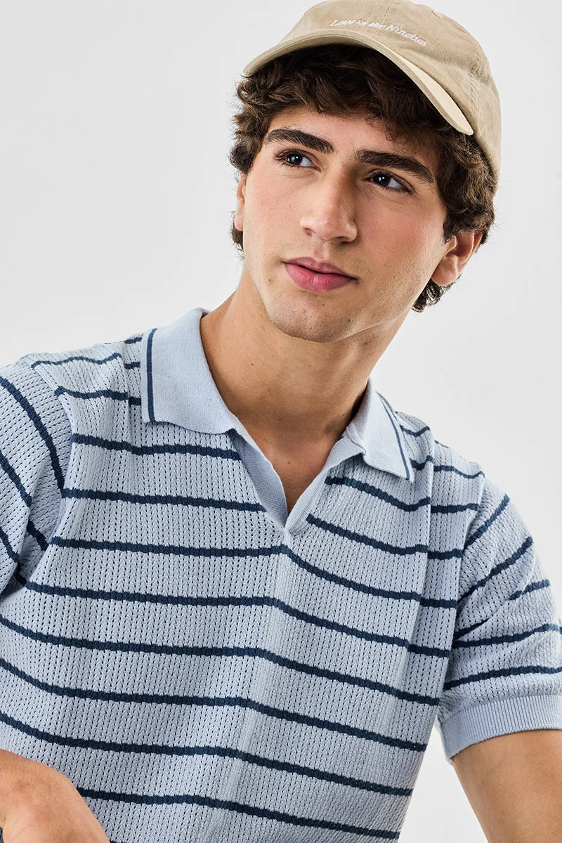 Snitch Blue Regular Fit Stripes Knitted Polo T-Shirt for Men | Best Price UAE