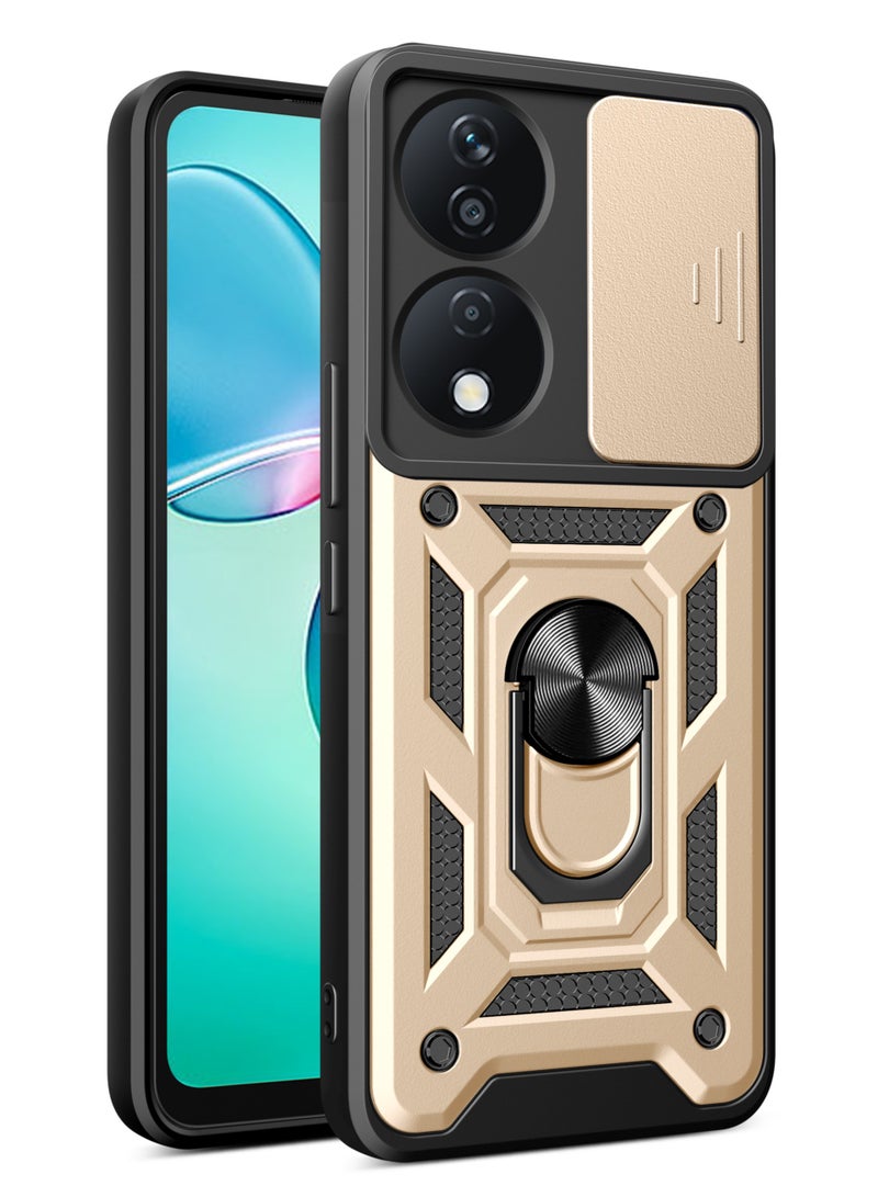 Shunjia Sliding Window Case, Shockproof Rugged Armor with Sliding Camera Cover & 360° Ring Kickstand, Compatible with Honor X7b (Gold)