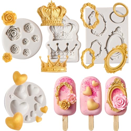 JOERSH 4PCS Vintage Baroque Mold Set, Silicone Frame Fondant Molds Royal Crown Rose Heart Mold for Cupcake Decorating, Cake Pop, Chocolate, Candy Craft, Dessert Decor - Image 1