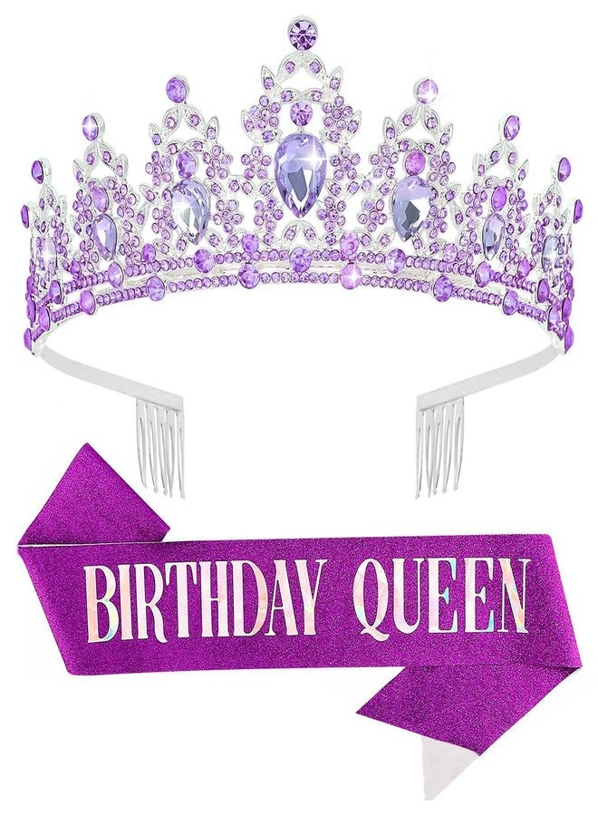 Papoopy Birthday Tiara Crown with Sash for Women, Headband Hair Accessories for Wedding Party Costume Purple - Image 1