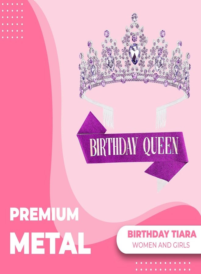 Papoopy Birthday Tiara Crown with Sash for Women, Headband Hair Accessories for Wedding Party Costume Purple - Image 2