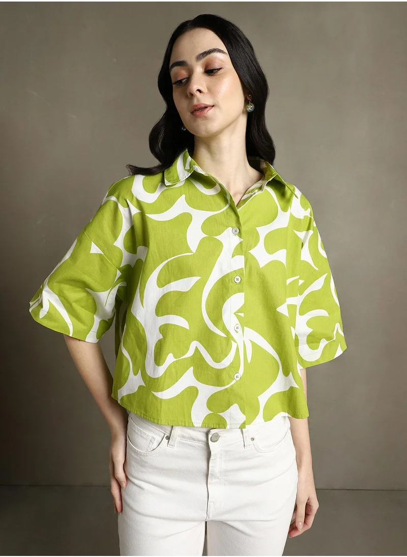 Dennis Lingo Women's Green Cotton Blend Printed Oversized Shirt