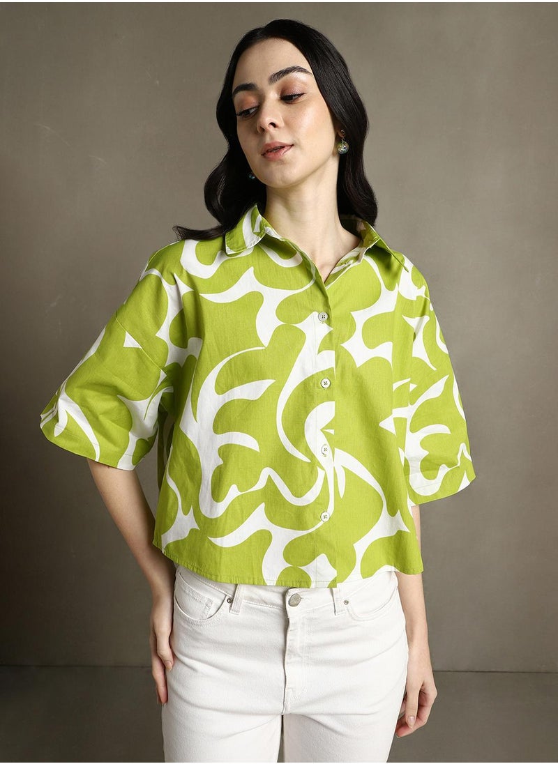 Dennis Lingo Women's Green Cotton Blend Printed Oversized Shirt  - Image 1