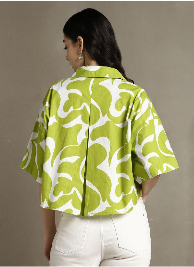 Dennis Lingo Women's Green Cotton Blend Printed Oversized Shirt  - Image 3