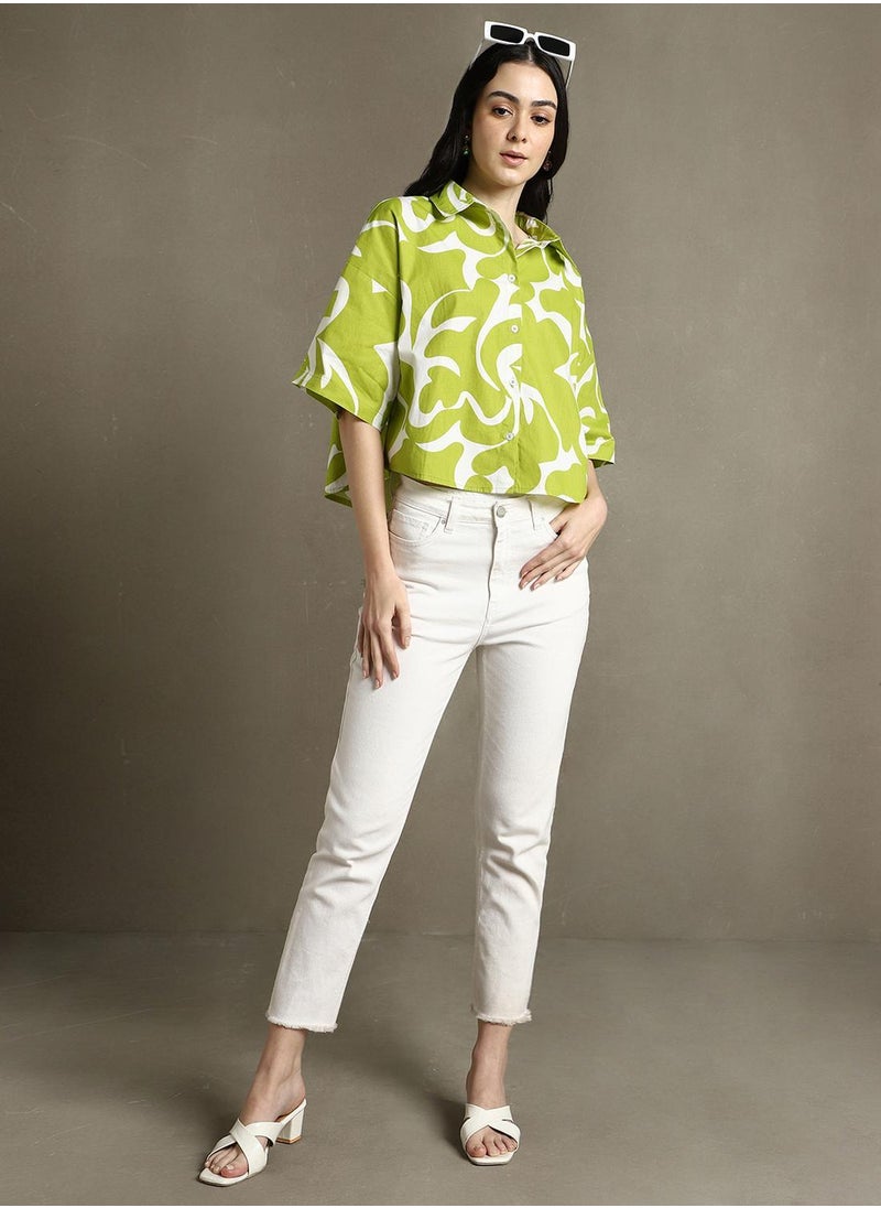 Dennis Lingo Women's Green Cotton Blend Printed Oversized Shirt  - Image 5