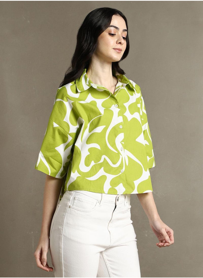 Dennis Lingo Women's Green Cotton Blend Printed Oversized Shirt  - Image 2
