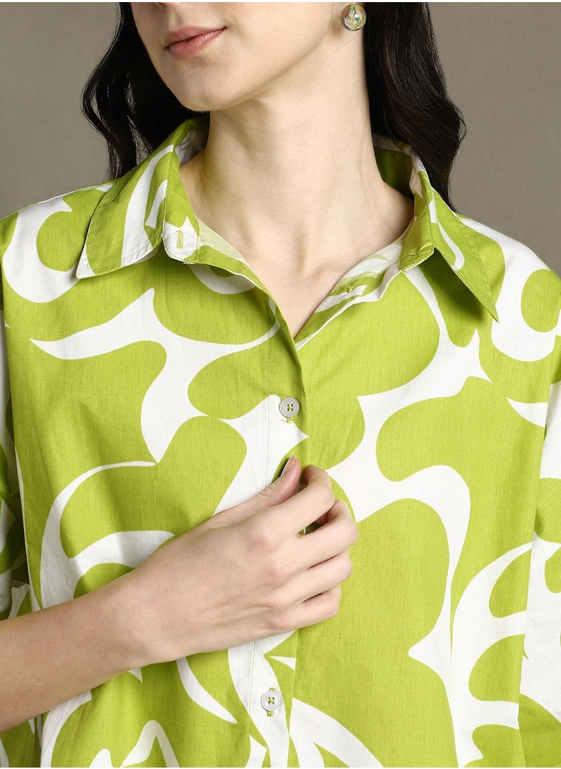 Dennis Lingo Women's Green Cotton Blend Printed Oversized Shirt  - Image 4