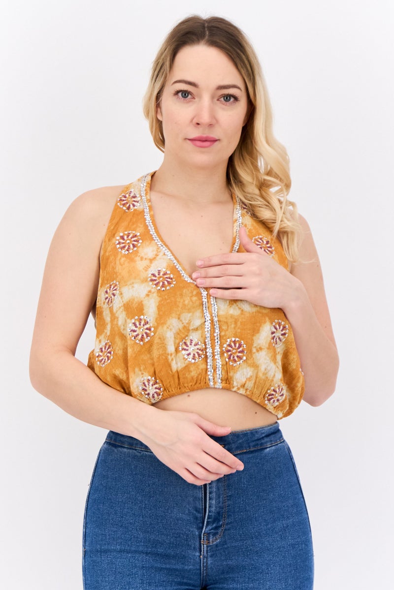 Pull & Bear Women Halter Neck Sleeveless Embroidered Top, Brown Combo  - Image 1