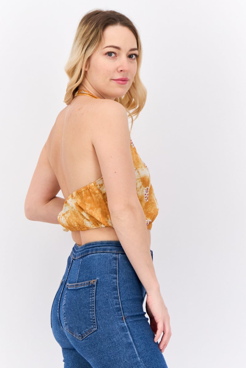 Pull & Bear Women Halter Neck Sleeveless Embroidered Top, Brown Combo  - Image 2