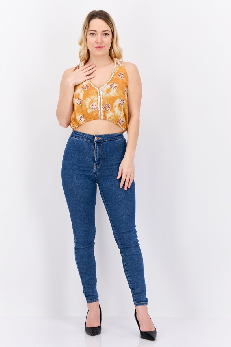 Pull & Bear Women Halter Neck Sleeveless Embroidered Top, Brown Combo  - Image 4