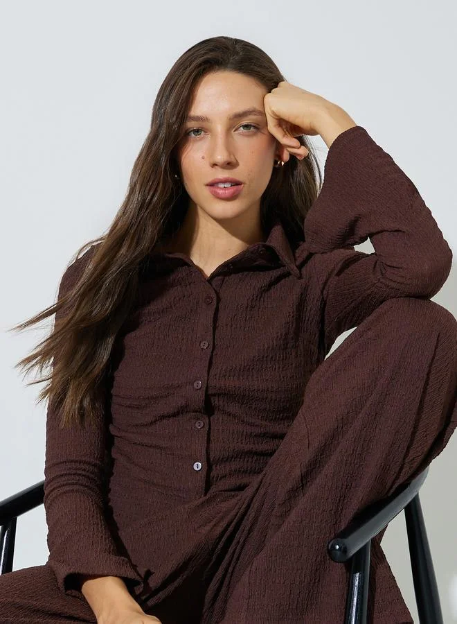 Styli Brown Textured Knit Shirt with Front Button