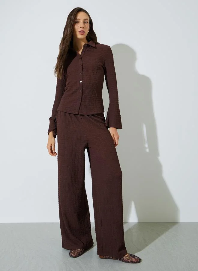 Styli Brown Textured Knit Shirt with Front Button