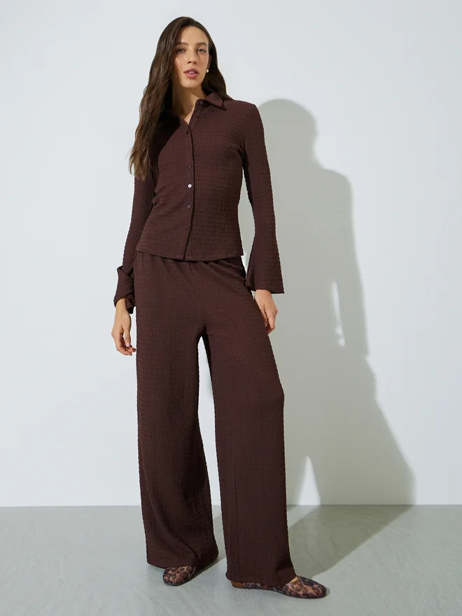 Styli Styli Brown Textured Knit Shirt with Front Button