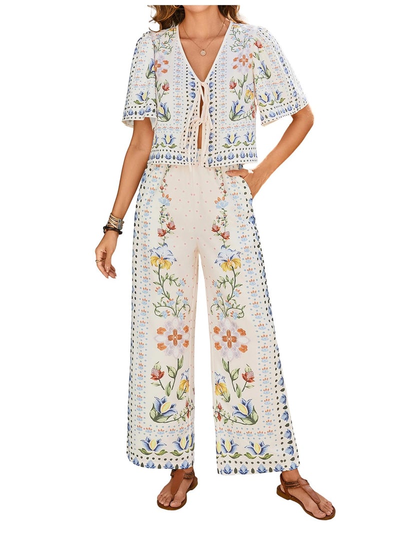 MakeMeChic Women's Boho 2 Piece Outfit Floral V Neck Ruffle Sleeve Tie Front Blouse and Pants Set Apricot Medium - Image 1