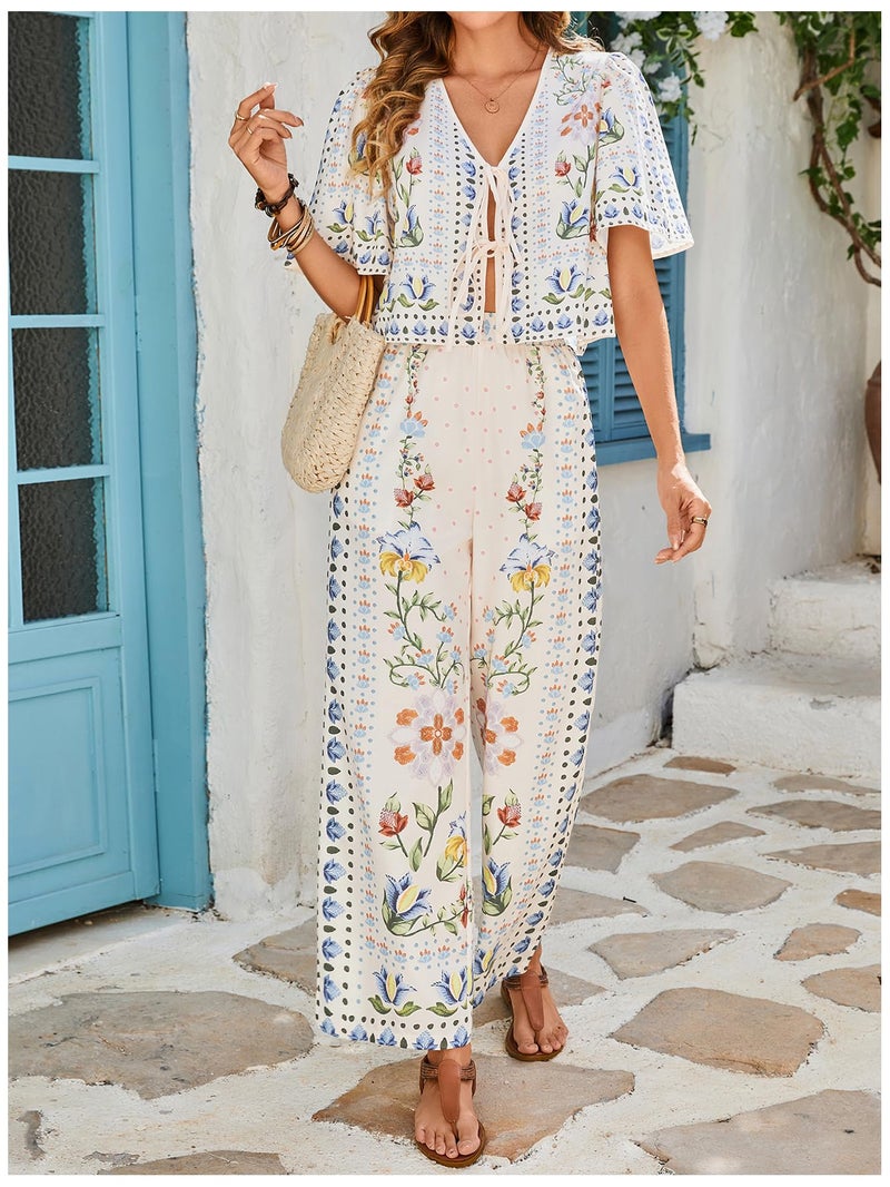 MakeMeChic Women's Boho 2 Piece Outfit Floral V Neck Ruffle Sleeve Tie Front Blouse and Pants Set Apricot Medium - Image 4
