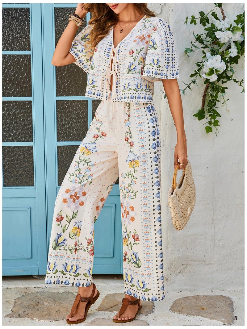 MakeMeChic Women's Boho 2 Piece Outfit Floral V Neck Ruffle Sleeve Tie Front Blouse and Pants Set Apricot Medium - Image 5
