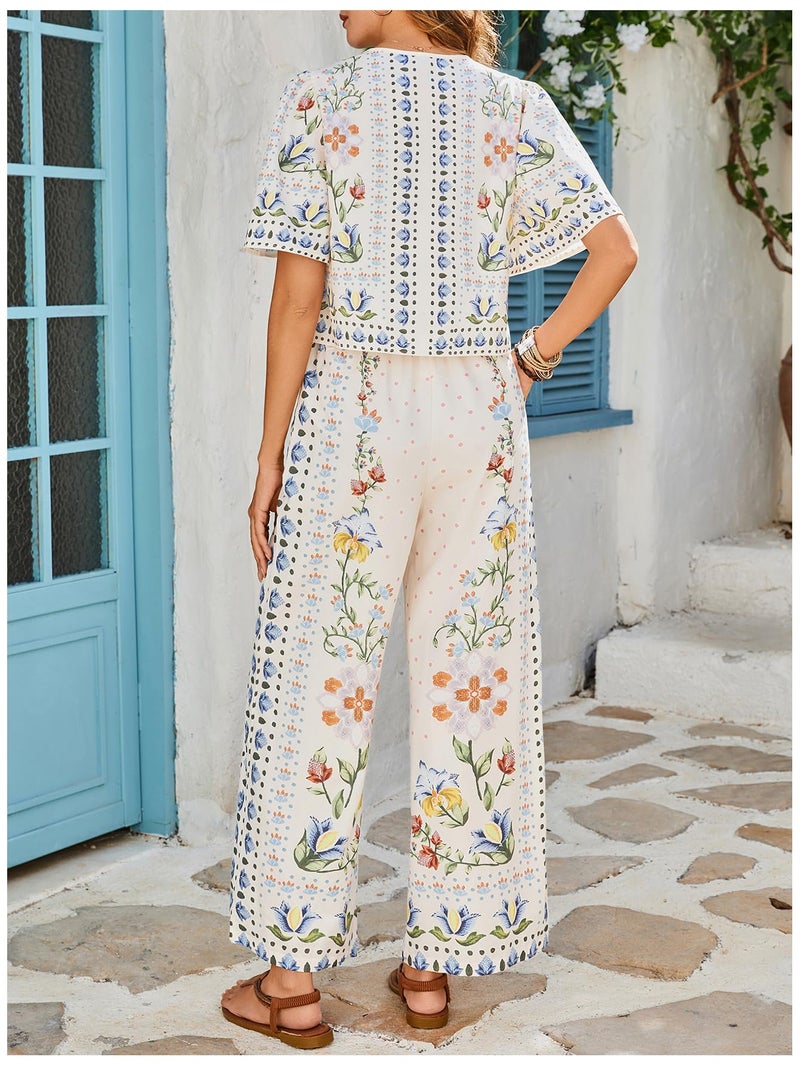 MakeMeChic Women's Boho 2 Piece Outfit Floral V Neck Ruffle Sleeve Tie Front Blouse and Pants Set Apricot Medium - Image 2