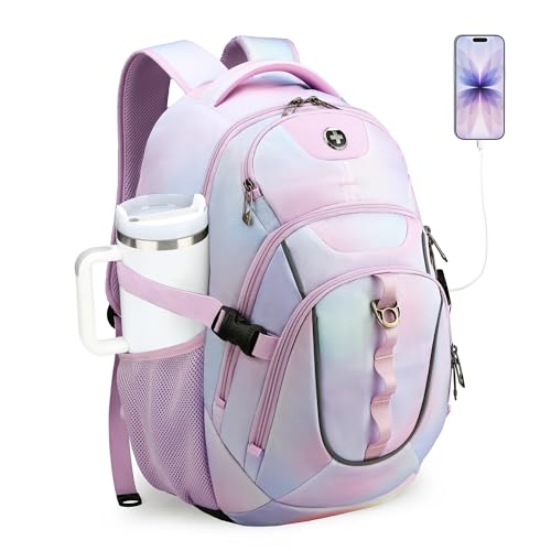 Swissdigital Laptop Backpack with USB Charging Port, Travel Backpack Fits 15.6 inches Computer, 31L Backpack for Women, Pink Purple | SD803-104 - Image 1