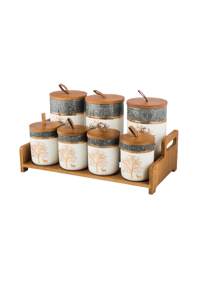 اباريك الصفا طقم علب بهارات سيراميك 7 قطع بستاند - Image 1