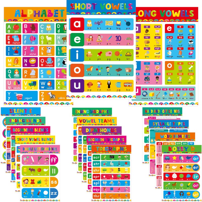 Gethelud 17 English Phonics Posters, Language Education Charts, Learning Vowels, Alphabet Posters, PET Film Covered Phonics Learning Tool For Kindergarten Classroom, Bulletin Board, Kidsâ€™ Room, 11â€x16â€ - Image 1