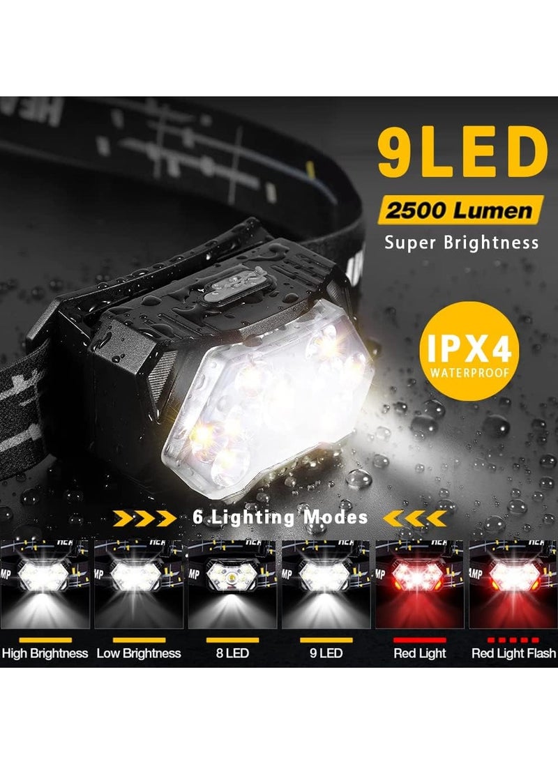 Headlamp Rechargeable 2500 Lumen LED Head Lights for Forehead Bright Head Lamp with Red Light Sensor Mode Waterproof Flashlights Running Lights for Running Cycling Working Camping