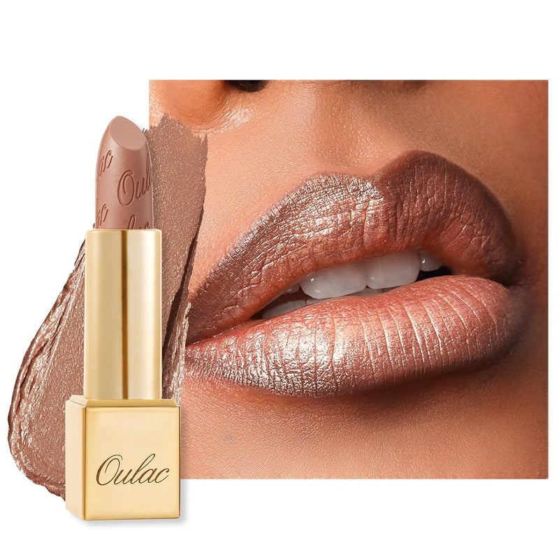 Oulac Nude Lipstick for Women with Metallic 3D Shine Lightweight Hydrating Formula High Impact Lip Color Vegan Beauty Full Coverage Lip Makeup Christmas Gifts for Women Sahara Gold10