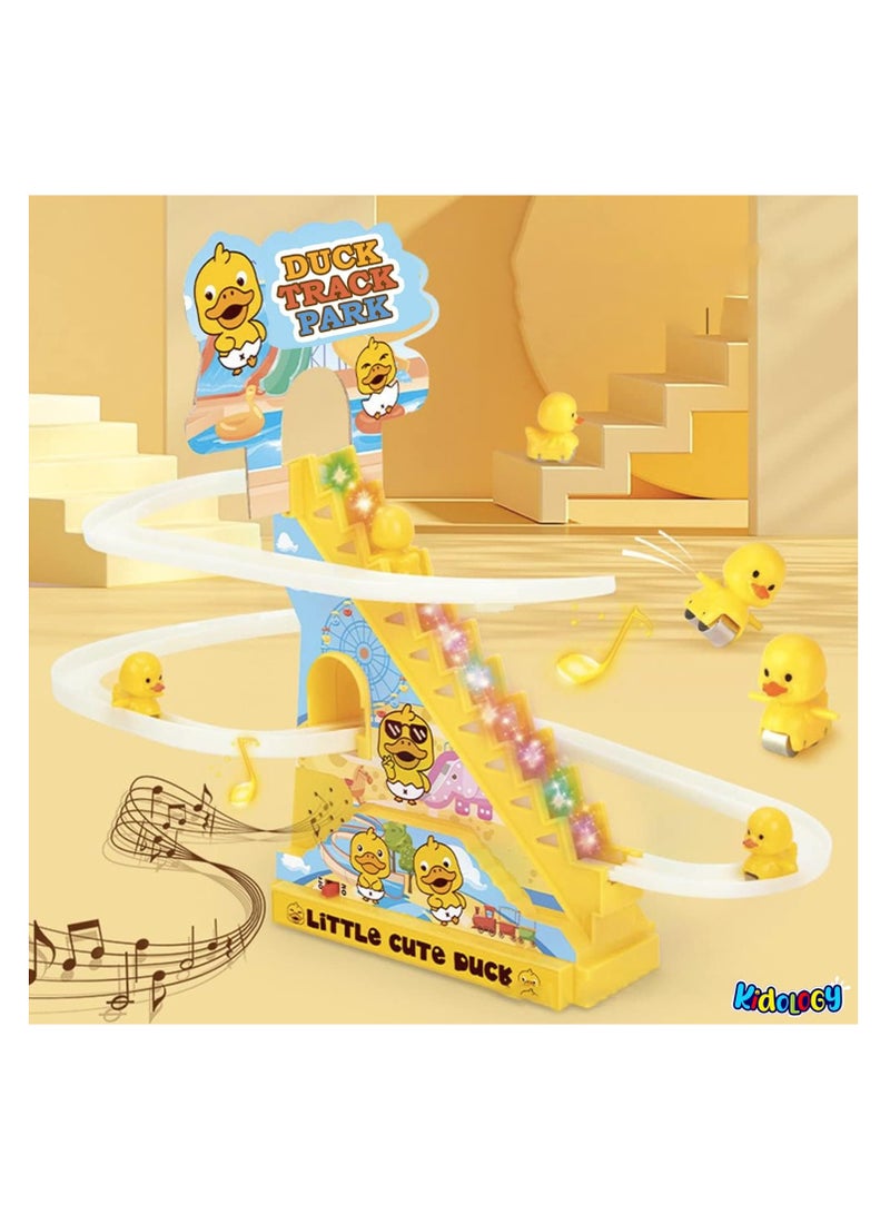 مجموعة ألعاب تسلق البط الصغيرة، لعبة سباق مطاردة البط الكهربائية، لعبة قطار ملاهي مرحة مع 3 أضواء LED وامضة على شكل بط وزر موسيقى، لعبة تسلق السلالم الممتعة على شكل بط للأطفال الصغار والأطفال (أ) - Image 1