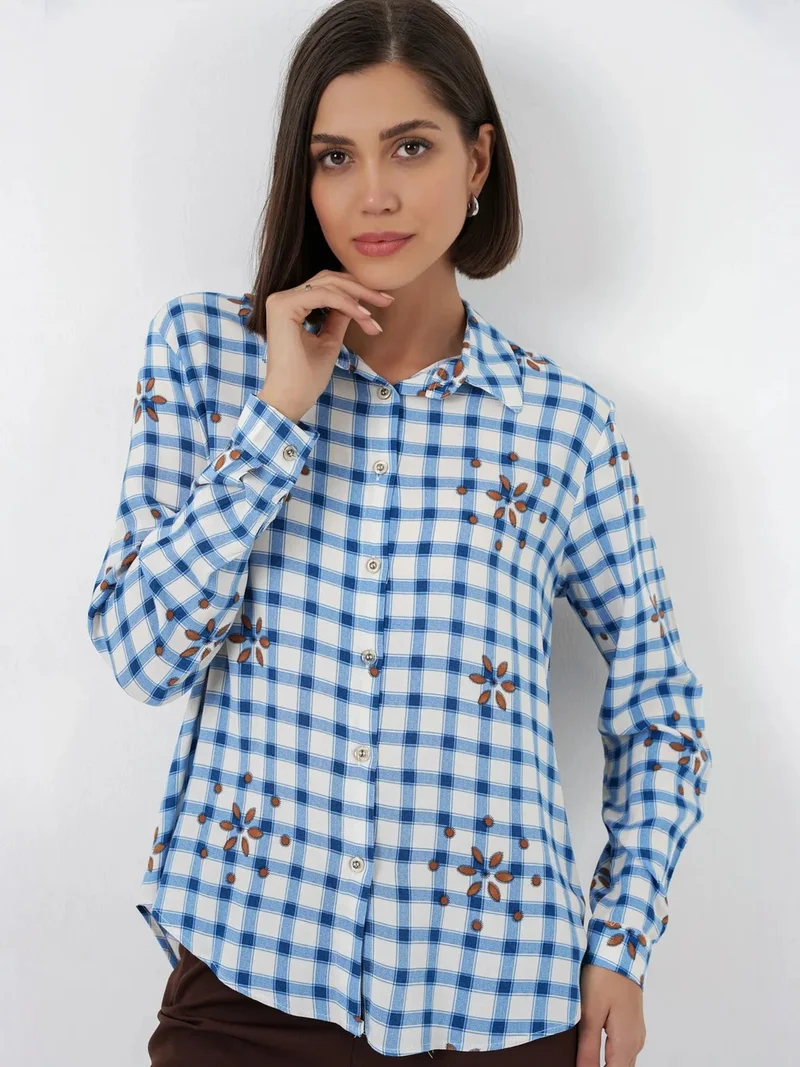 Big Dart Maya Blue BDART Plaid Button-up Shirt with Shirt Collar for Women | Best Price UAE