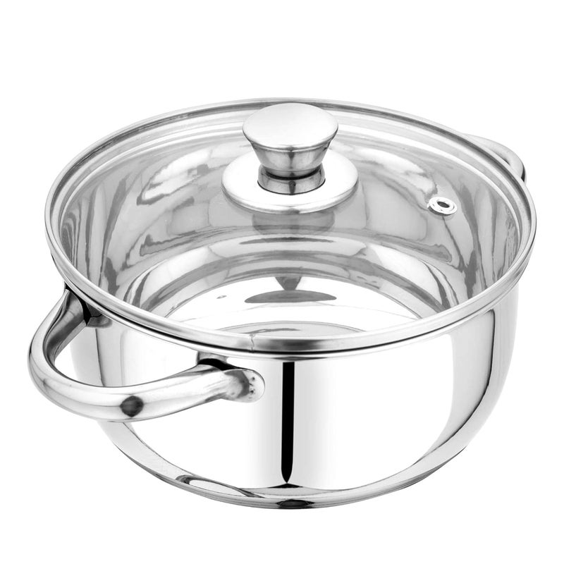 Pristine Tri Ply Sandwich Induction Base Cooking Essential Stainless Steel Casserole with Knob Glass Lid (3.18L, Silver) - Image 1