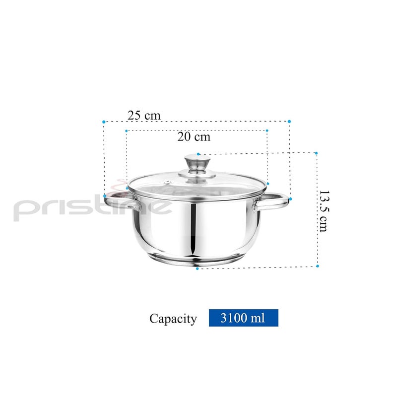 Pristine Tri Ply Sandwich Induction Base Cooking Essential Stainless Steel Casserole with Knob Glass Lid (3.18L, Silver) - Image 5
