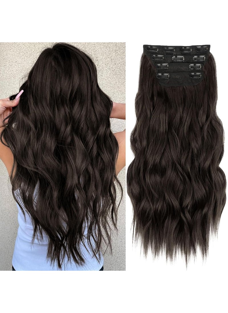 KooKaStyle KooKaStyle Clip in Synthetic Hair Extensions Long Wavy 4PCS Thick Hairpieces Dark Brown 6 Fiber Double Weft Natural Hair Extensions 24 Inch for Women 
