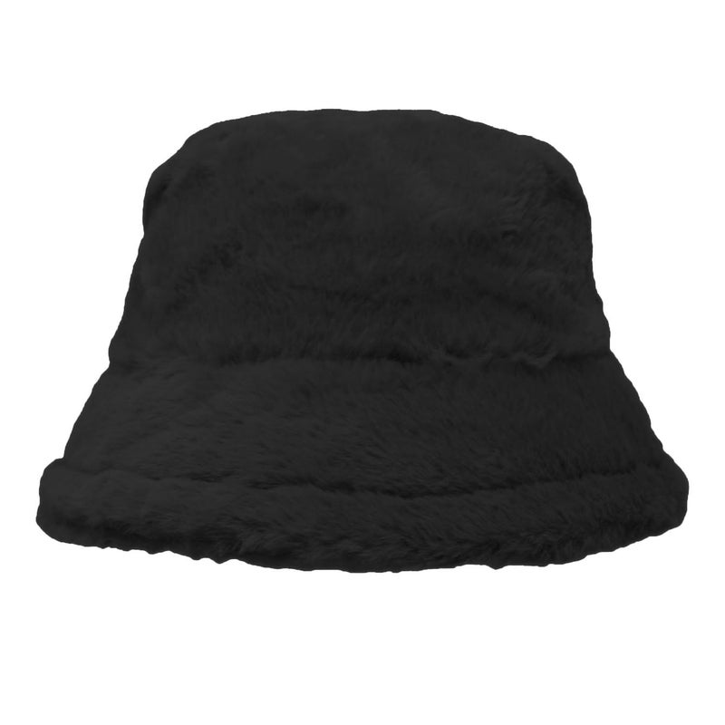 Glory Max Winter Fluffy Plush Bucket Hat Cozy Faux Fur Wide Brim Adjustable Size for Women (US, Alpha, One Size, Solid Black) - Image 2