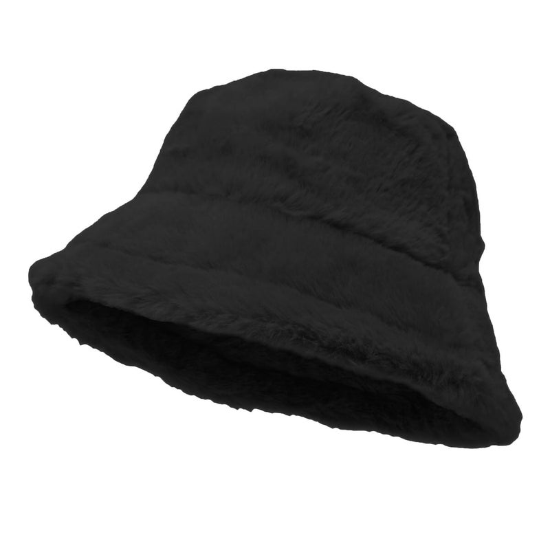 Glory Max Winter Fluffy Plush Bucket Hat Cozy Faux Fur Wide Brim Adjustable Size for Women (US, Alpha, One Size, Solid Black) - Image 1