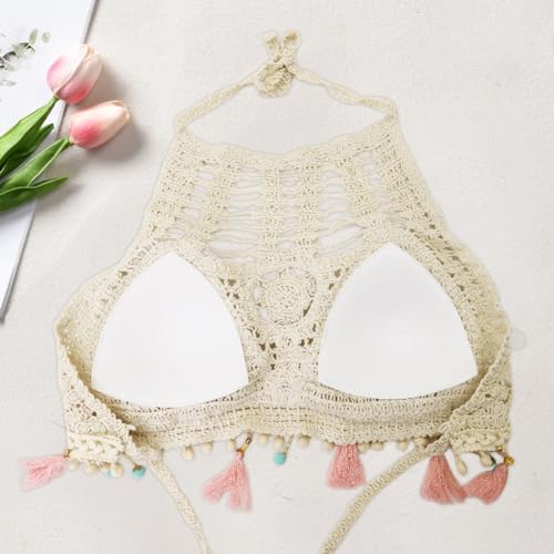 PALAY® Women's Summer Beach Backless Crochet Halter Bikini Crop Top Crochet Hollow Out Tassle Embroidery Knit Boho Beachwear - Image 4