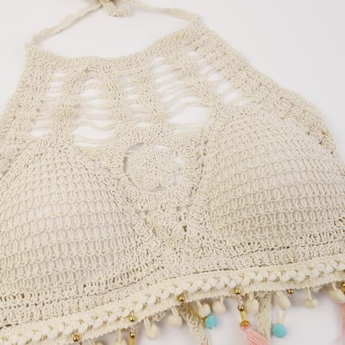 PALAY® Women's Summer Beach Backless Crochet Halter Bikini Crop Top Crochet Hollow Out Tassle Embroidery Knit Boho Beachwear - Image 3