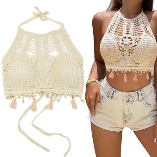 PALAY® Women's Summer Beach Backless Crochet Halter Bikini Crop Top Crochet Hollow Out Tassle Embroidery Knit Boho Beachwear - Image 1