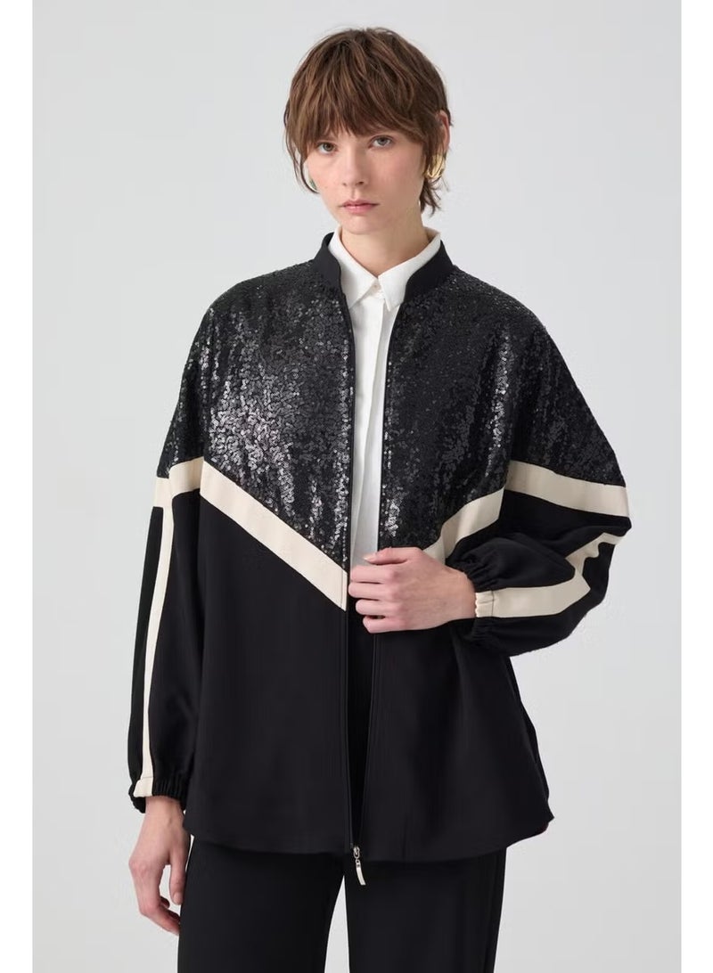 Touche Sequin Detailed Striped Crepe Jacket - Image 3