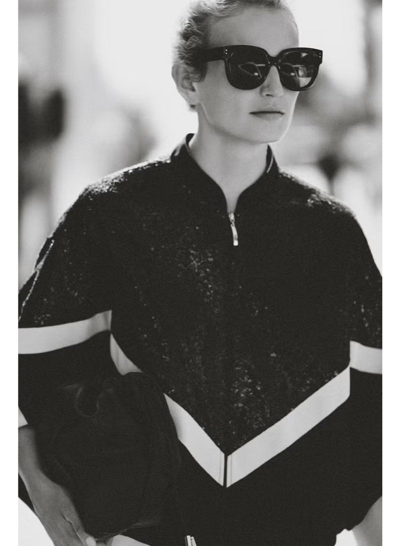 Touche Sequin Detailed Striped Crepe Jacket - Image 1