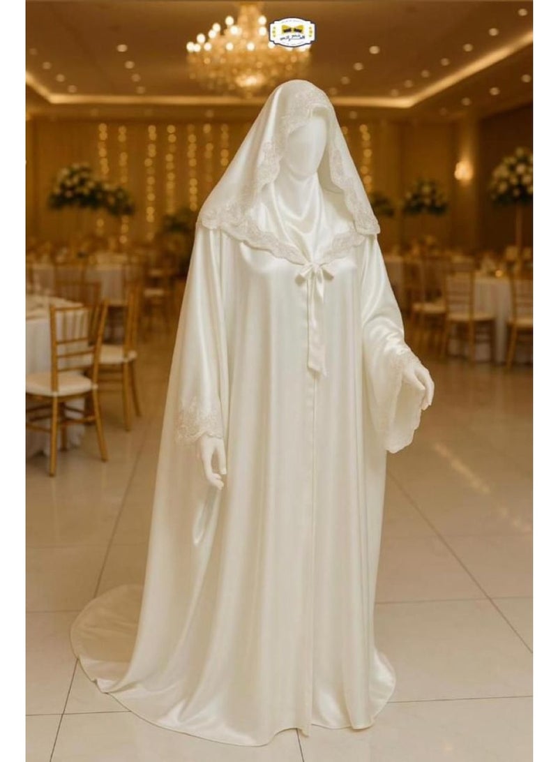 A sophisticated bridal abaya featuring exquisite lace detailing—the epitome of luxury and elegance for the big day.
