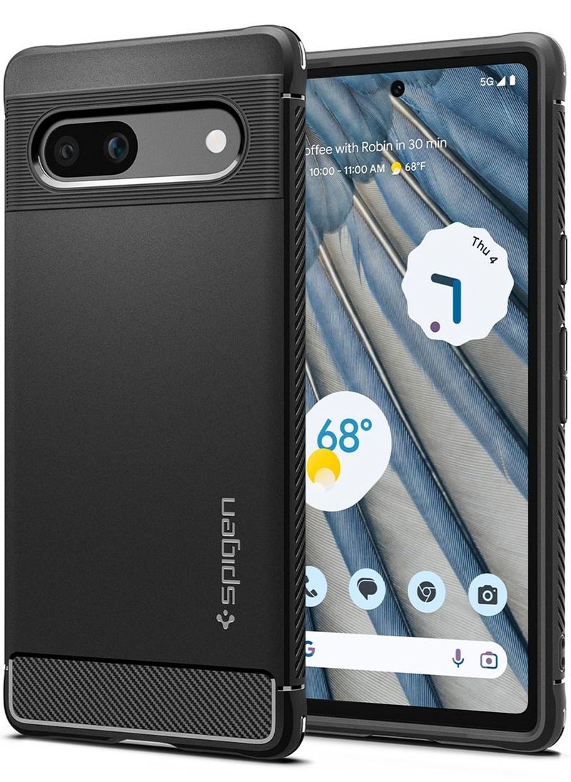 Spigen Rugged Armor Google Pixel 7a Case Cover (2023) with Carbon Fiber Textures - Matte Black  - Image 1