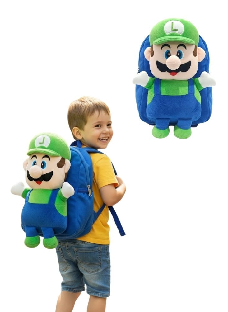 بريميم حقيبة ظهر لويجي ثلاثية الأبعاد للأطفال - حقيبة مدرسية ناعمة محشوة من سلسلة سوبر ماريو، بتصميم أخضر وأزرق - Image 1