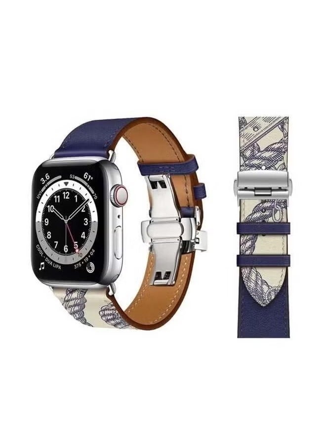vesus Genuine Leather Replacement Band with Silver Buckle for apple watch Series 6/SE/5/4/3/2/1 44/42mm Blue/White