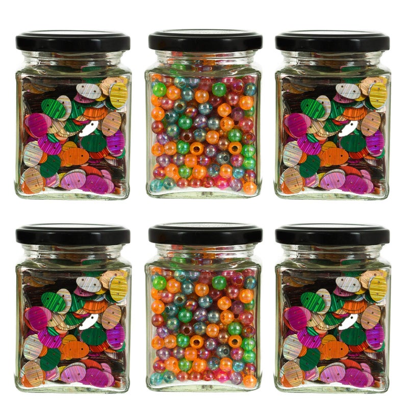 Machak Square Glass Jar 250 ml With Airtight Lid For Kitchen Storage, Black (6 Pieces) - Image 1