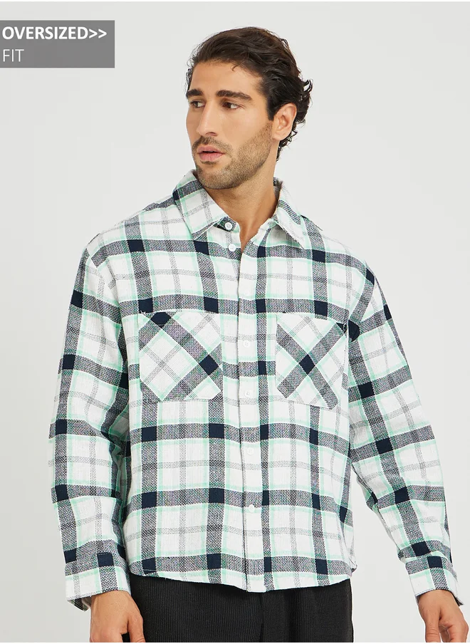 ستايلي Yarn Dye Checked Long Sleeve Oversized Shirt with Patch Pockets