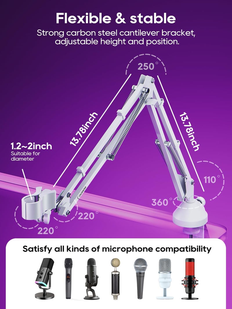 CACENCAN Premium White Microphone Boom Arm - Adjustable Mic Stand with Headphone Hook, 360° Rotation, Double Spring Suspension, Cable Management, for Streaming, Compatible with HyperX QuadCast, Blue Yeti - Image 4