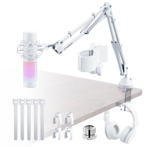 CACENCAN Premium White Microphone Boom Arm - Adjustable Mic Stand with Headphone Hook, 360° Rotation, Double Spring Suspension, Cable Management, for Streaming, Compatible with HyperX QuadCast, Blue Yeti - Image 1
