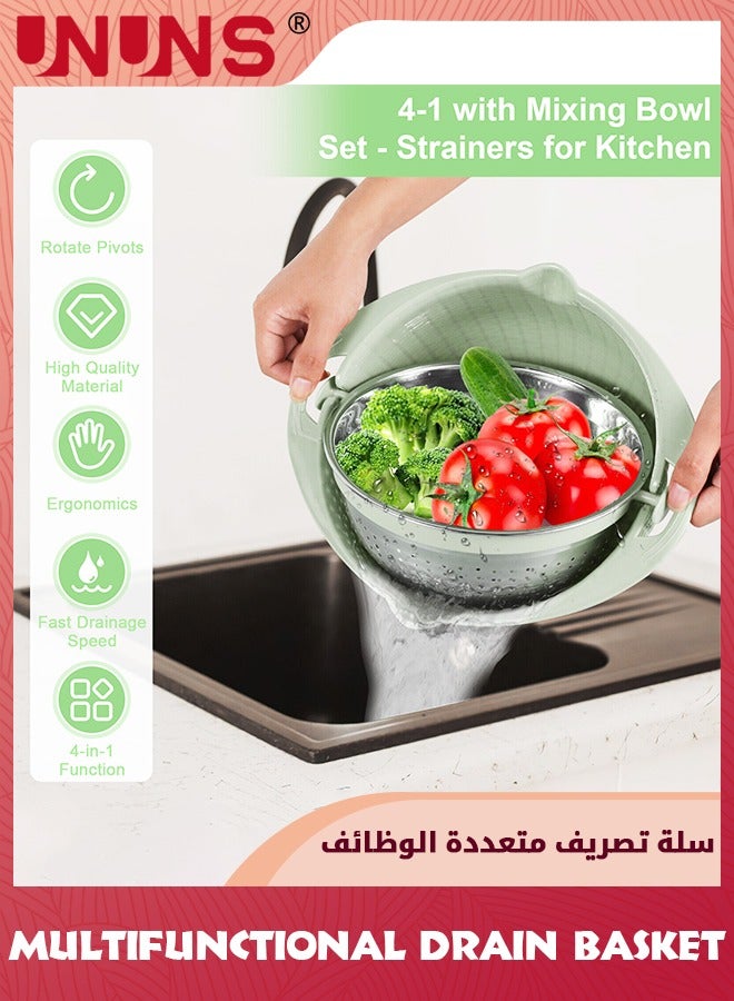 UNUNS 4-In-1 Colander With Mixing Bowl Set,Strainers For Kitchen,Food Strainers And Colanders,Pasta Strainer,Rice Strainer,Fruit Cleaner,Veggie Wash,Salad Spinner,Apartment Home Essentials,Green - Image 3