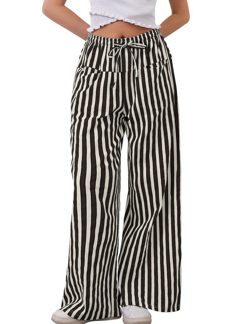 MISSACTIVER Women Drawstring Striped Pants Loose Wide Leg Trousers Casual Low Waist Pants Comfy Lounge Pants with Pockets Black White - Image 1