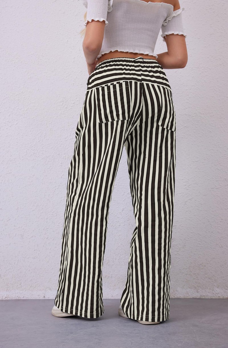 MISSACTIVER Women Drawstring Striped Pants Loose Wide Leg Trousers Casual Low Waist Pants Comfy Lounge Pants with Pockets Black White - Image 4