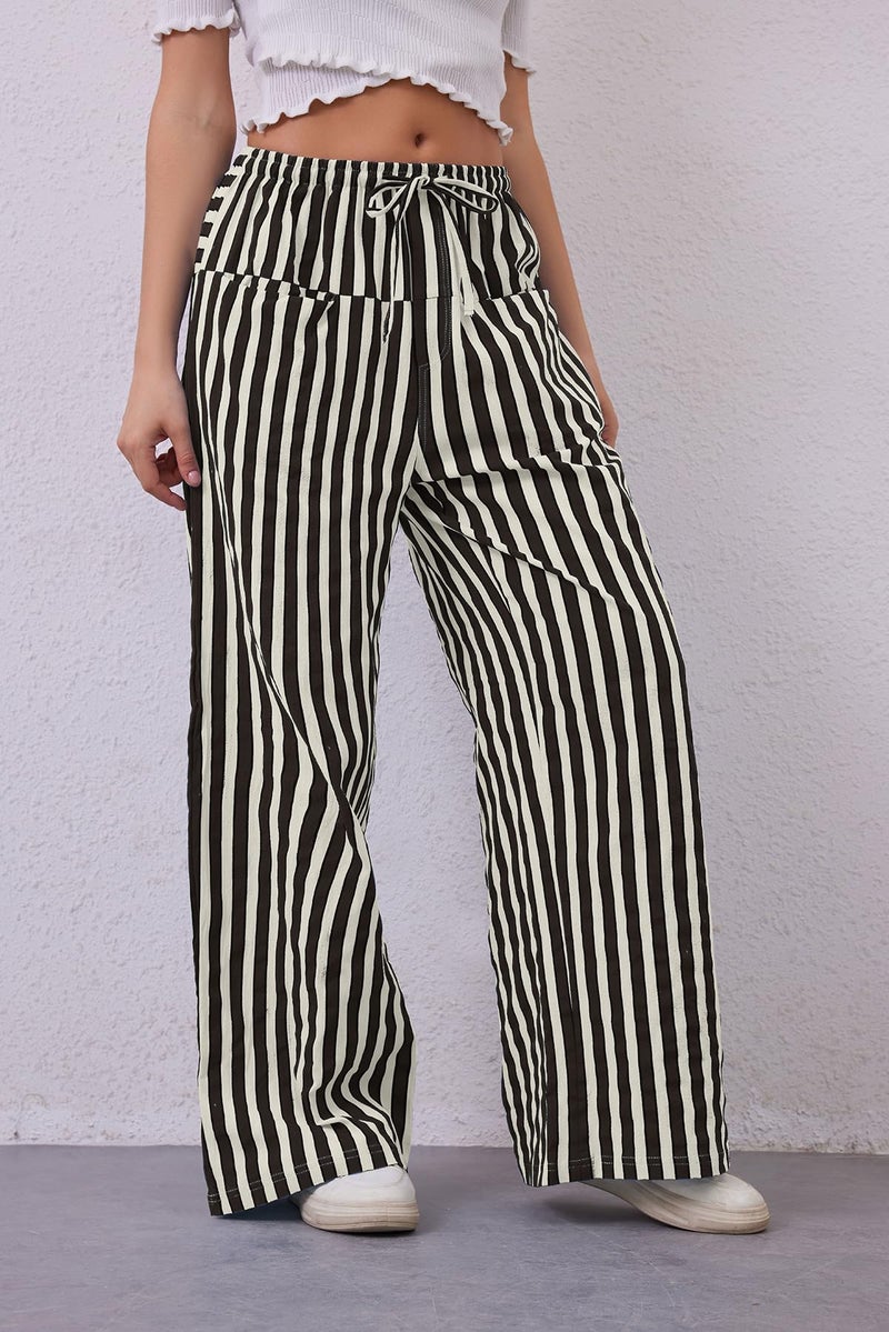 MISSACTIVER Women Drawstring Striped Pants Loose Wide Leg Trousers Casual Low Waist Pants Comfy Lounge Pants with Pockets Black White - Image 3